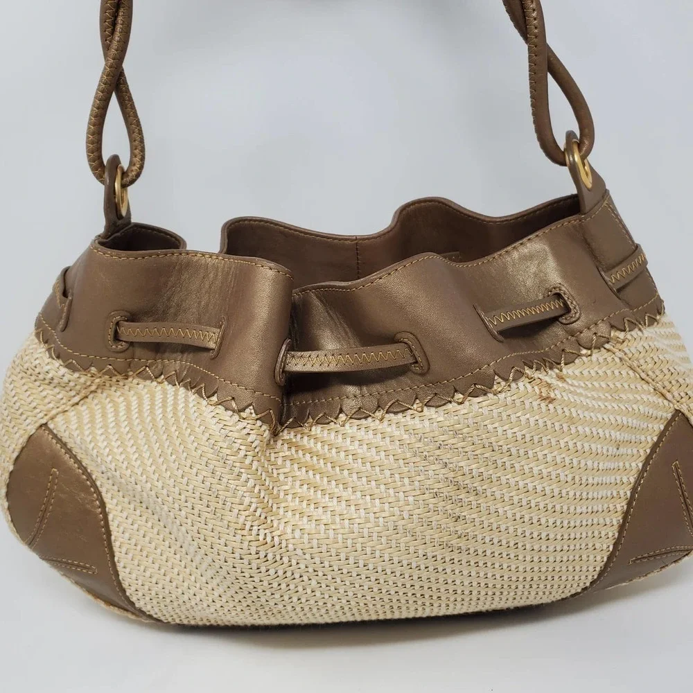 Cole Haan Saram Straw Braided Tote Bag with Tassels Shoulder Purse Boho Chic